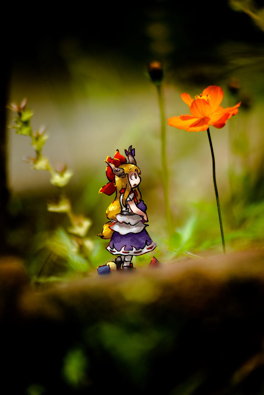 1girl brown_footwear flower gourd grass ground highres horns ibuki_suika minigirl oni_horns orange_hair outdoors purple_skirt shirt skirt touhou white_shirt yaise