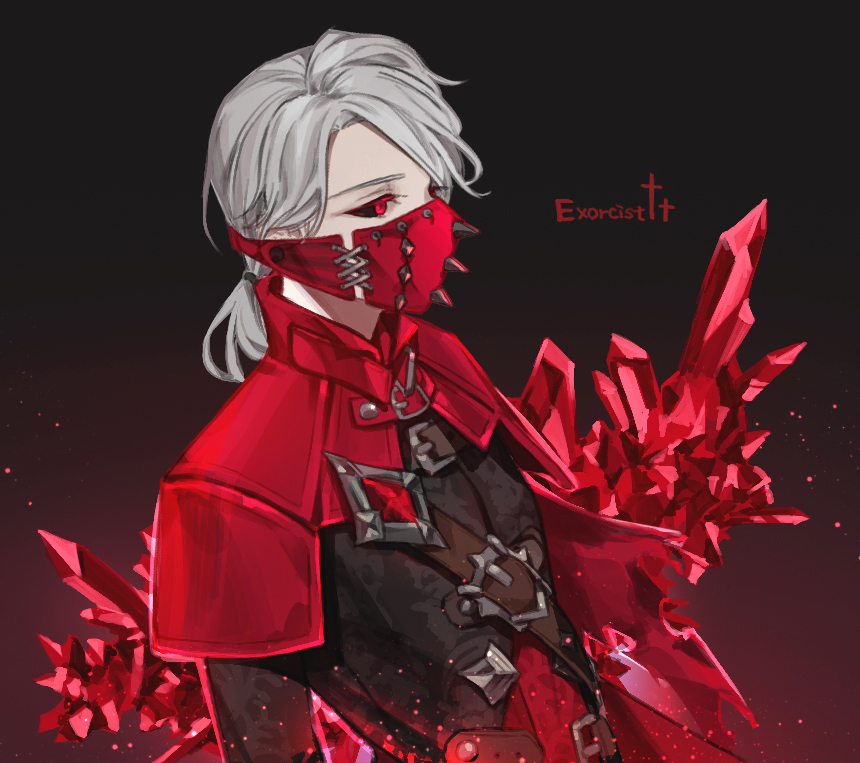 1boy aesop_carl alternate_eye_color belt black_background black_sclera capelet colored_eyelashes crystal english_text eyebrows_visible_through_hair gloves grey_hair identity_v kouri_(kyorosuukeeeeeee) light_particles long_sleeves male_focus mask medium_hair mouth_mask official_alternate_costume ponytail red_eyes simple_background solo spikes surgical_mask