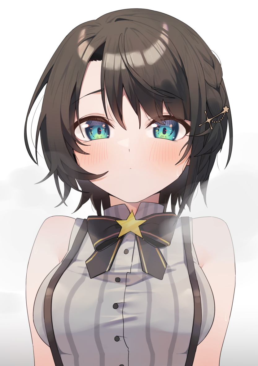 1girl bangs bare_shoulders black_hair black_neckwear blush bow bowtie breasts buttons collar collared_shirt green_eyes grey_collar grey_shirt hair_ornament hololive looking_at_viewer medium_breasts oozora_subaru shirt short_hair simple_background sleeveless solo suspenders syhan upper_body virtual_youtuber white_background