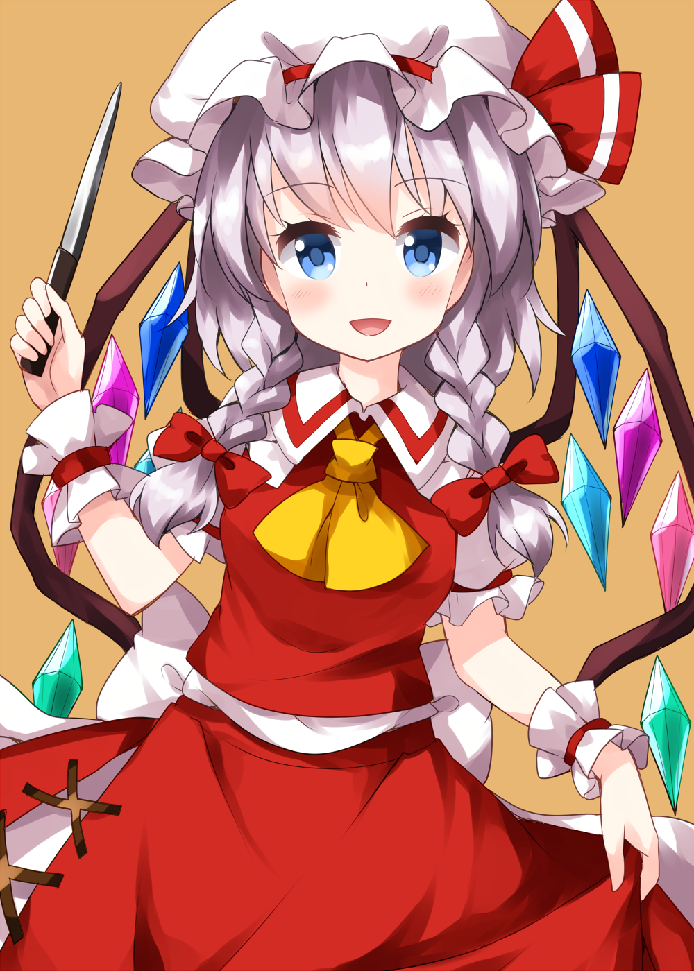 1girl ascot bangs blue_eyes bow braid brown_background collared_shirt cosplay crystal eyebrows_visible_through_hair flandre_scarlet flandre_scarlet_(cosplay) hair_bow hat hat_ribbon highres holding holding_knife izayoi_sakuya knife looking_at_viewer mob_cap open_mouth red_bow red_ribbon red_skirt red_vest ribbon ruu_(tksymkw) shirt short_sleeves side_braids silver_hair simple_background skirt smile solo standing touhou twin_braids vest white_headwear white_shirt wings wrist_cuffs yellow_neckwear