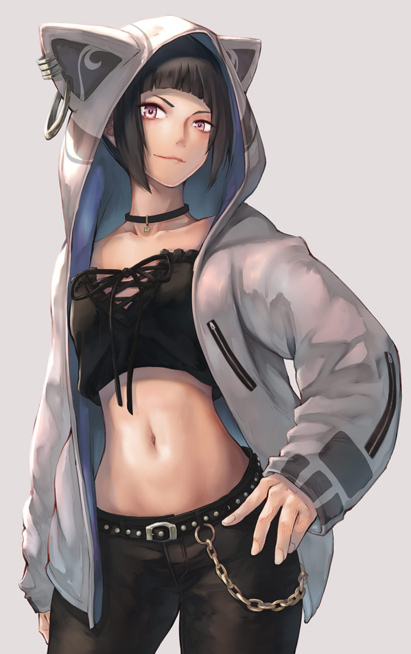 1girl animal_hood bangs belt black_belt black_choker black_hair black_pants black_shirt blunt_bangs breasts casual cat_hood chain choker collarbone commentary_request cowboy_shot crop_top grey_background han_juri hand_on_hip hinoru_saikusa hood hood_up hoodie looking_at_viewer medium_breasts midriff navel open_clothes open_hoodie pants shirt short_hair sidelocks simple_background smile solo standing street_fighter street_fighter_v violet_eyes white_hoodie