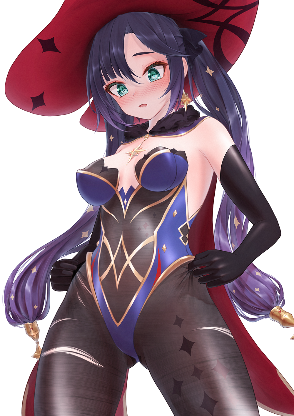 1girl aqua_eyes armpits bae.c bare_shoulders black_gloves black_hair black_legwear blue_leotard blush breasts cape cowboy_shot earrings elbow_gloves embarrassed genshin_impact gloves gold_trim hat highleg highleg_leotard highres jewelry leotard long_hair looking_at_viewer mona_(genshin_impact) open_mouth pantyhose sidelocks simple_background small_breasts solo strapless strapless_leotard twintails white_background witch_hat