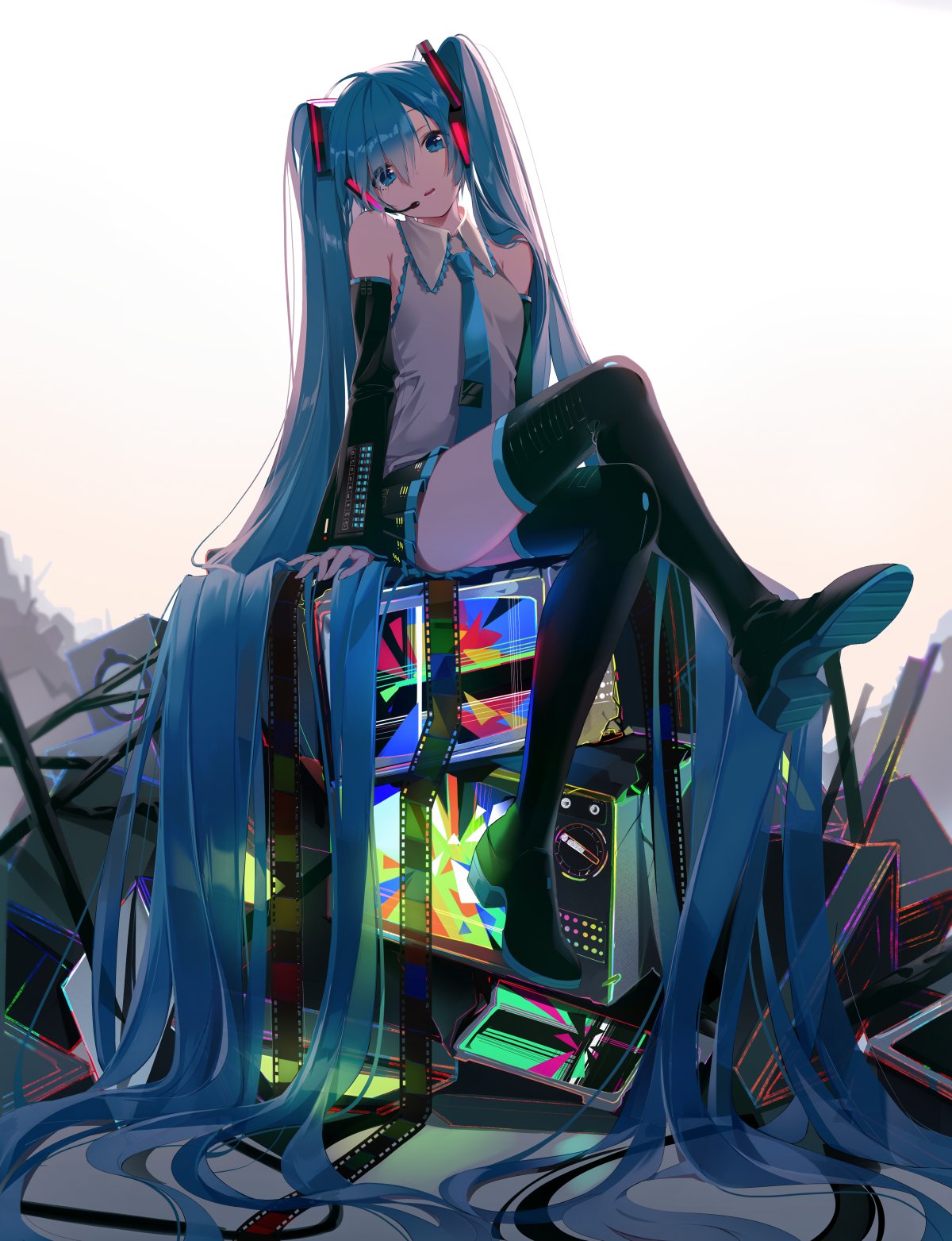 1girl absurdly_long_hair aqua_eyes aqua_hair aqua_neckwear bare_shoulders black_footwear black_legwear black_skirt black_sleeves blue_eyes blue_hair blurry blurry_background boots buri_(retty9349) commentary crossed_legs detached_sleeves grey_shirt hatsune_miku headphones headset highres long_hair looking_at_viewer nail_polish necktie open_mouth shirt sitting skirt sleeveless sleeveless_shirt solo tattoo thigh-highs thigh_boots twintails very_long_hair vocaloid zettai_ryouiki