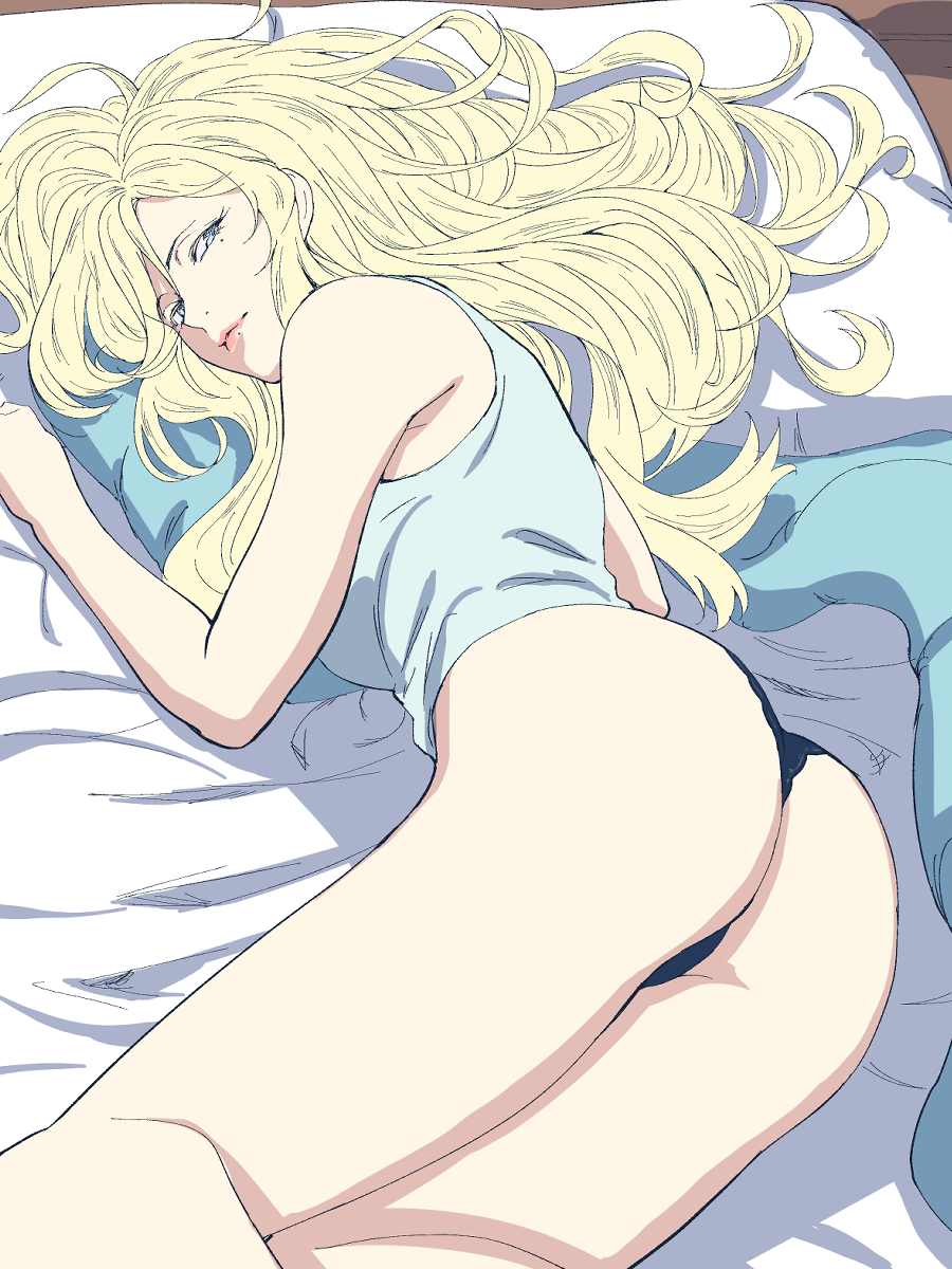 1girl ass bed black_panties blonde_hair blue_eyes camisole commentary_request cowboy_shot hair_between_eyes highres kantai_collection long_hair looking_at_viewer lying mole mole_under_eye mole_under_mouth on_side panties richelieu_(kantai_collection) shingyou_(alexander-13) solo underwear white_camisole