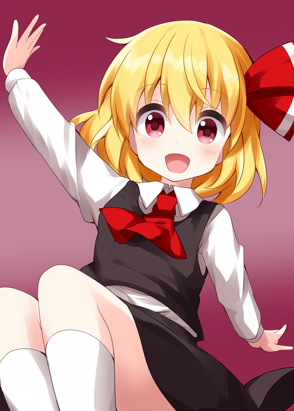 1girl ascot black_skirt black_vest blonde_hair collared_shirt eyebrows_visible_through_hair hair_between_eyes hair_ribbon highres long_sleeves looking_at_viewer medium_hair open_mouth outstretched_arms red_background red_eyes red_neckwear red_ribbon ribbon rumia ruu_(tksymkw) shirt simple_background skirt smile solo touhou vest white_legwear white_shirt