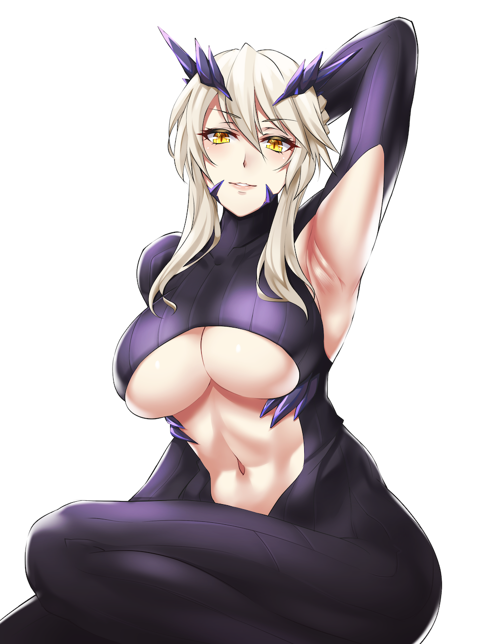 1girl arm_behind_head arm_up armpits artoria_pendragon_(all) artoria_pendragon_(lancer_alter) bangs black_bodysuit blonde_hair blush bodysuit braid breasts center_opening fate/grand_order fate_(series) french_braid hair_between_eyes highres horns large_breasts long_hair looking_at_viewer navel purupurupero revealing_clothes ribbed_bodysuit sidelocks simple_background smile thighs under_boob white_background yellow_eyes