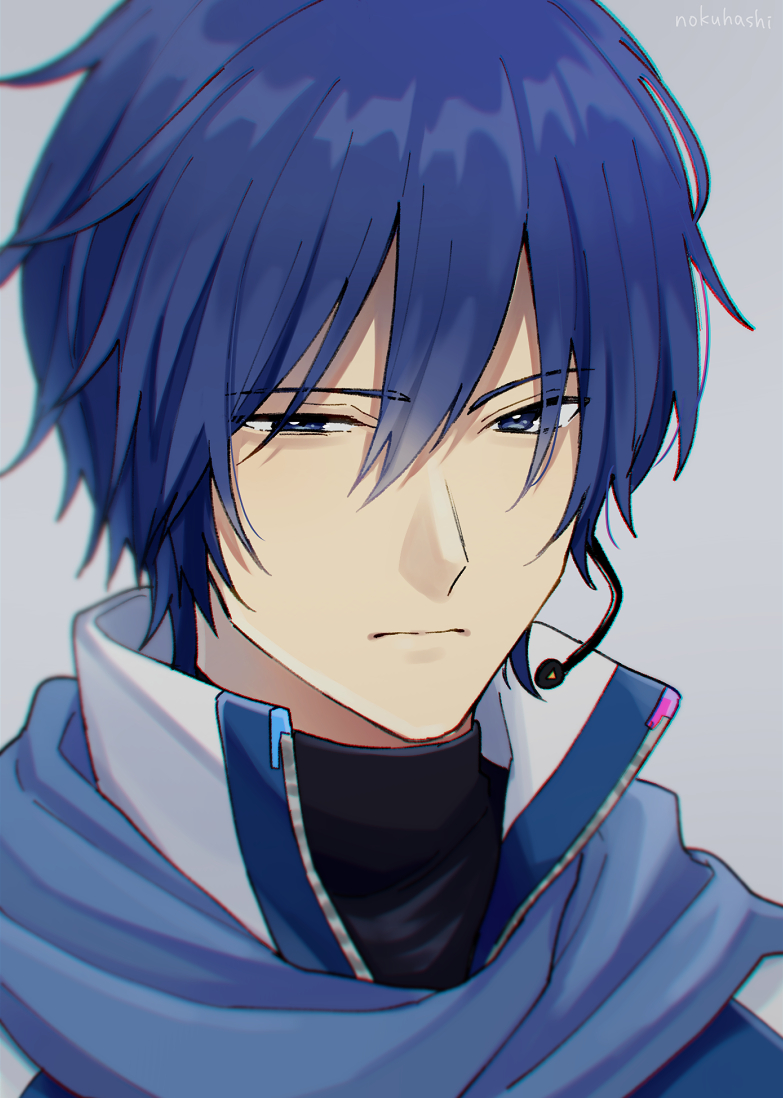 1boy black_shirt blue_eyes blue_hair blue_scarf coat commentary grey_background half-closed_eyes headset kaito kaito_(vocaloid3) looking_at_viewer male_focus nokuhashi portrait scarf shirt turtleneck vocaloid white_coat