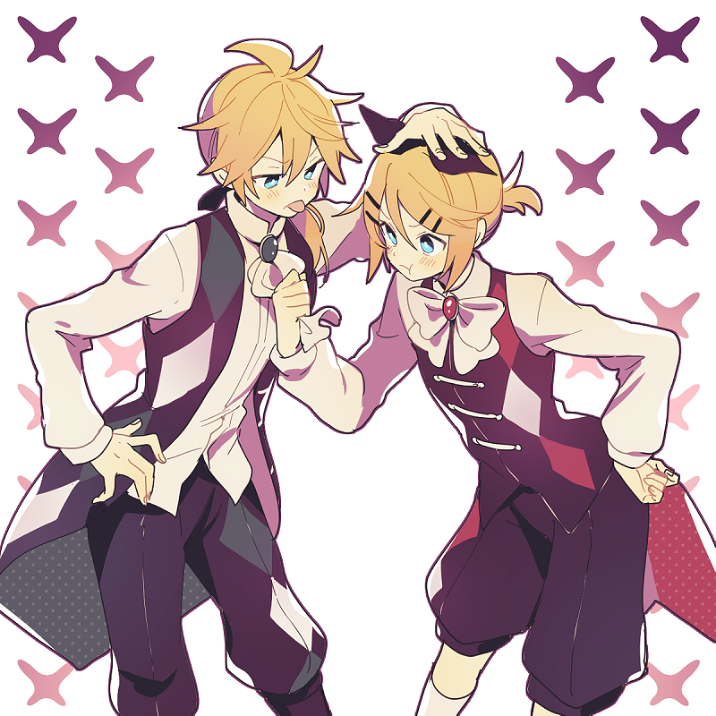 1boy 1girl argyle_print bangs black_vest blonde_hair blue_eyes clenched_hand cowboy_shot hair_ornament hairclip hand_on_another's_head hand_on_hip holding_neckwear kagamine_len kagamine_rin leaning_forward long_sleeves looking_at_another neckerchief okochama_sensou_(vocaloid) pouty_lips puffy_shorts shirt short_hair short_ponytail shorts spiky_hair standing suzumi_(fallxalice) swept_bangs tongue tongue_out v-shaped_eyebrows vest vocaloid white_shirt