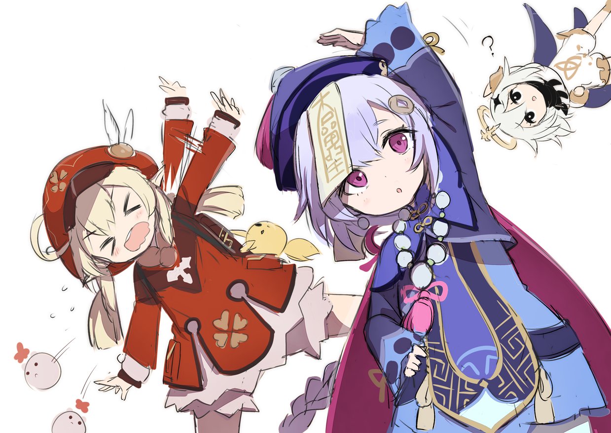&gt;_&lt; 3girls :o ? ahoge arm_up backpack bag bangs bead_necklace beads black_eyes blonde_hair charm_(object) chinese_clothes clover dress feathers flying_sweatdrops four-leaf_clover genshin_impact gochou_(atemonai_heya) hair_ornament hat hat_feather jewelry jiangshi klee_(genshin_impact) long_hair multiple_girls necklace ofuda open_mouth paimon_(genshin_impact) pointy_ears purple_headwear qing_guanmao qiqi red_dress red_headwear scarf simple_background stretch violet_eyes white_background white_dress white_hair