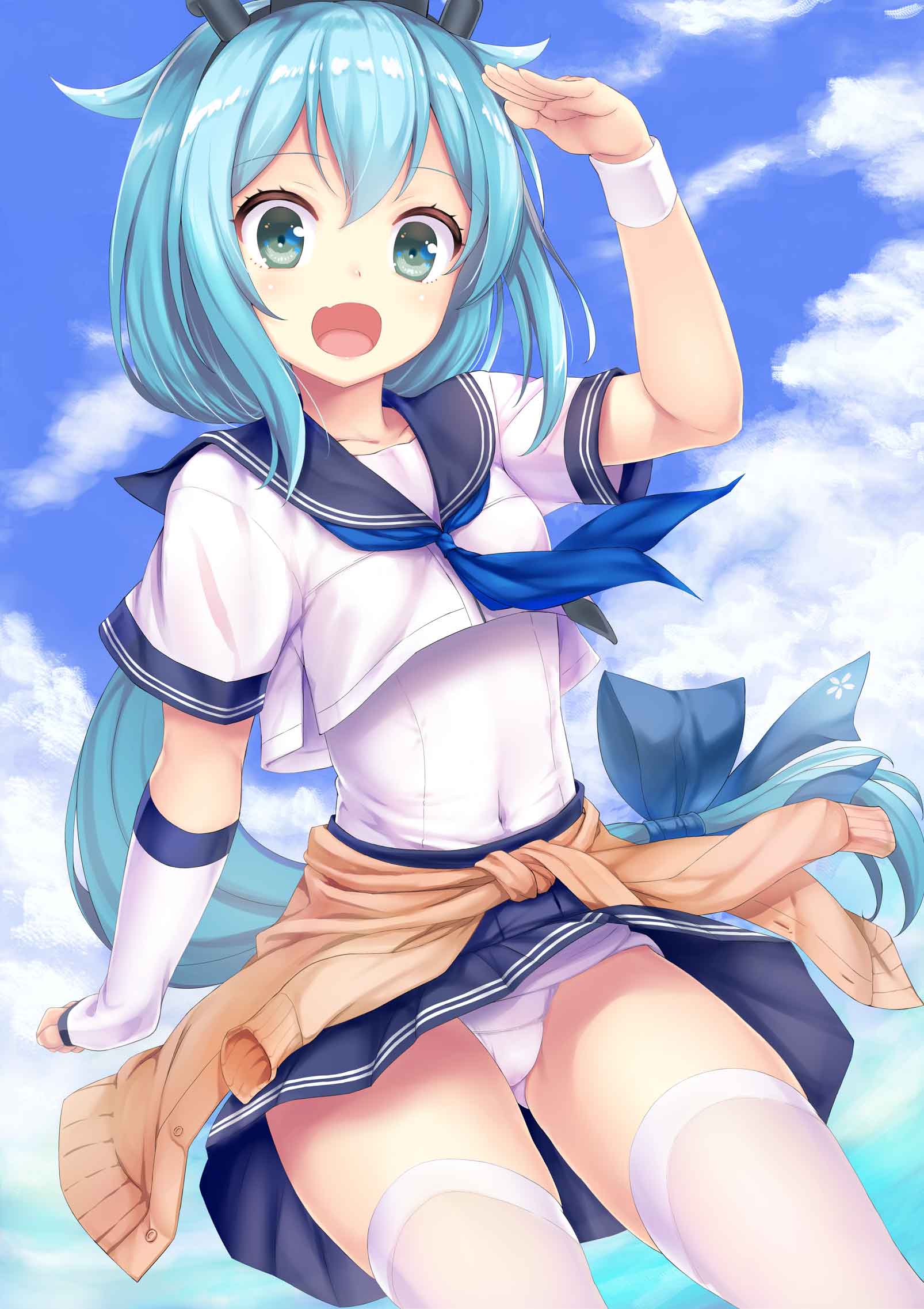 1girl bangs blue_bow blue_eyes blue_hair blue_ribbon blue_skirt blush bow clothes_around_waist clouds cloudy_sky collarbone commentary covered_navel cowboy_shot crop_top eyebrows_visible_through_hair fang fingerless_gloves gloves hair_bow hatsuyuki_(warship_girls_r) headband highres long_hair looking_at_viewer open_mouth panties pantyshot ponytail ribbon sailor_collar salute school_swimsuit school_uniform short_sleeves single_glove skin_fang skirt sky smile solo standing swimsuit thigh-highs underwear wagashi_(yokotejn) warship_girls_r white_gloves white_legwear white_panties white_swimsuit wristband