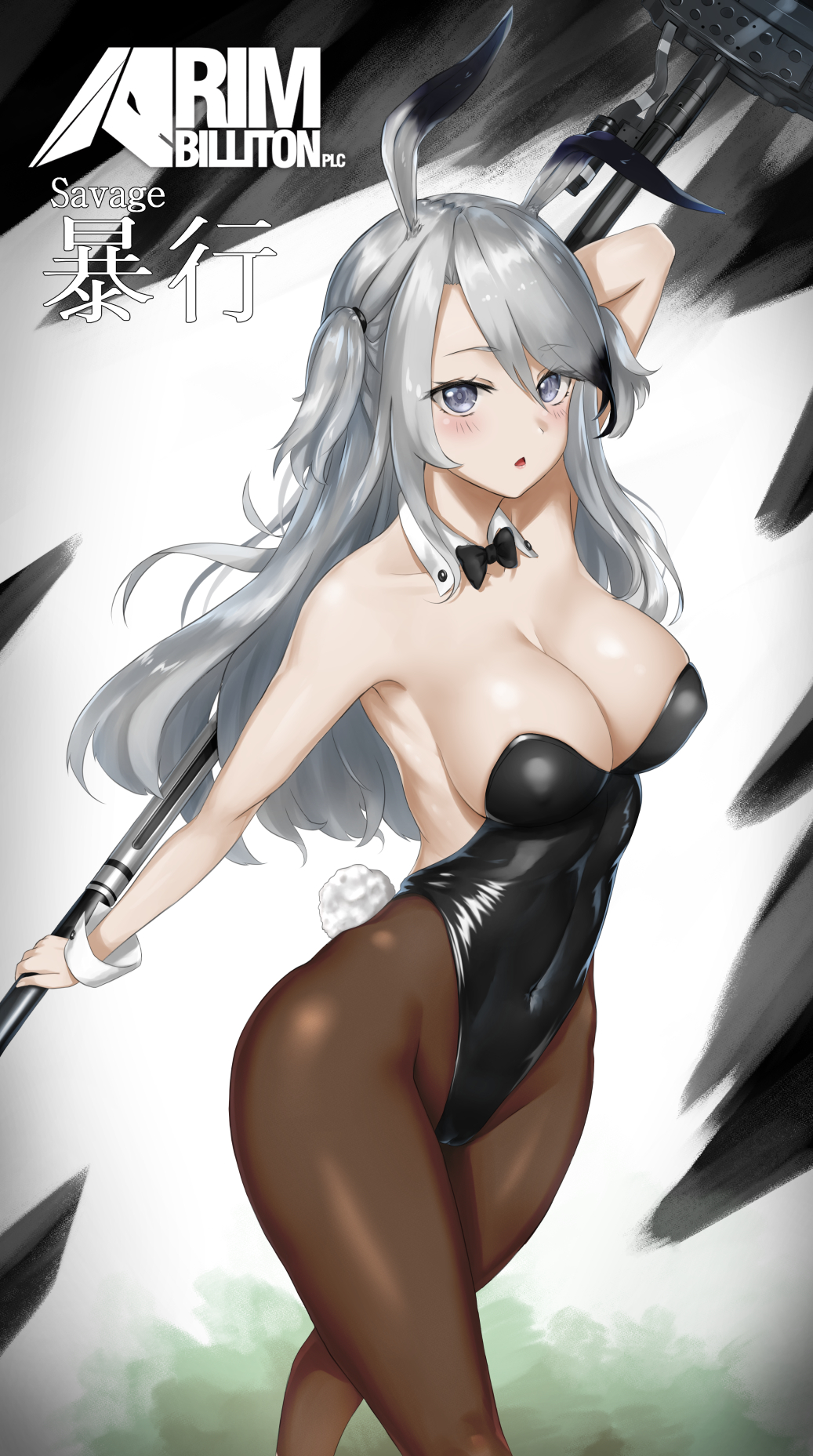 1girl animal_ears arknights arm_up black_bow black_leotard black_neckwear bow bowtie breasts brown_legwear bunny_tail chaciooh character_name commentary cowboy_shot detached_collar grey_background grey_eyes highres holding holding_weapon large_breasts leotard long_hair looking_at_viewer pantyhose parted_lips playboy_bunny polearm rabbit_ears rabbit_girl revision rim_billiton_logo savage_(arknights) silver_hair solo strapless strapless_leotard tail two_side_up weapon wrist_cuffs