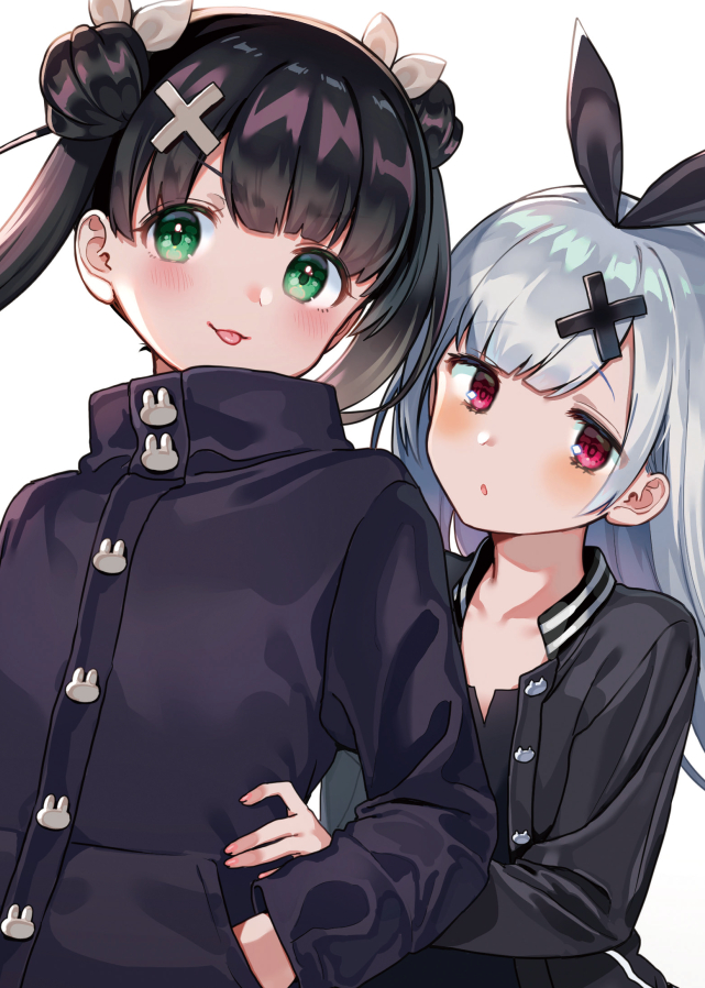 2girls :o :p bangs black_hair black_jacket black_ribbon black_shirt blush closed_mouth collarbone commentary_request double_bun eyebrows_visible_through_hair green_eyes hair_ornament hair_ribbon hand_in_pocket hand_on_another's_hip jacket long_hair long_sleeves multiple_girls nishizawa open_clothes open_jacket original parted_lips red_eyes ribbon shirt silver_hair simple_background smile tongue tongue_out twintails very_long_hair white_background white_ribbon x_hair_ornament