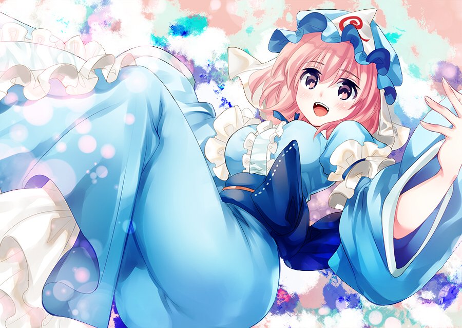 1girl ass blue_bow blue_kimono blue_ribbon blush bow breasts eyebrows_visible_through_hair frilled_kimono frills happy hat japanese_clothes kimono long_sleeves mob_cap nagare neck_ribbon obi open_mouth pink_eyes pink_hair ribbon saigyouji_yuyuko sash short_hair touhou triangular_headpiece wide_sleeves