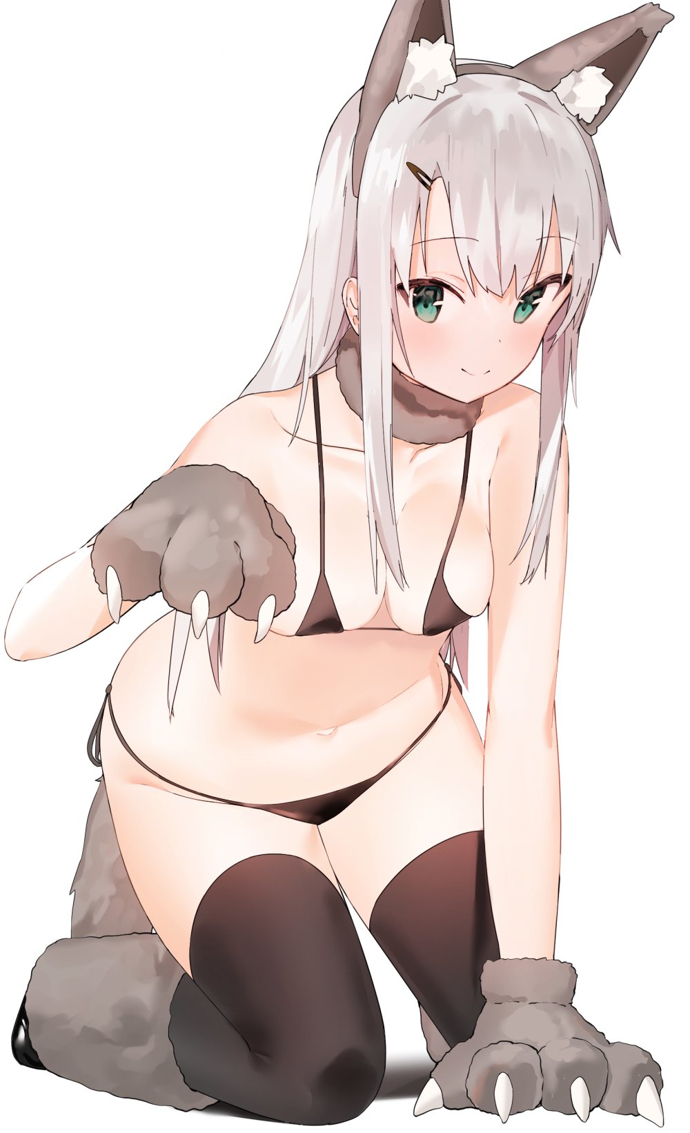 1girl all_fours animal_ear_fluff animal_ears bikini black_bikini black_legwear breasts commentary fake_animal_ears gloves green_eyes hair_ornament hairclip hanging_breasts highres idemitsu long_hair looking_at_viewer navel original paw_gloves paw_pose paws side-tie_bikini silver_hair simple_background skindentation small_breasts smile solo swimsuit thigh-highs white_background wolf_ears