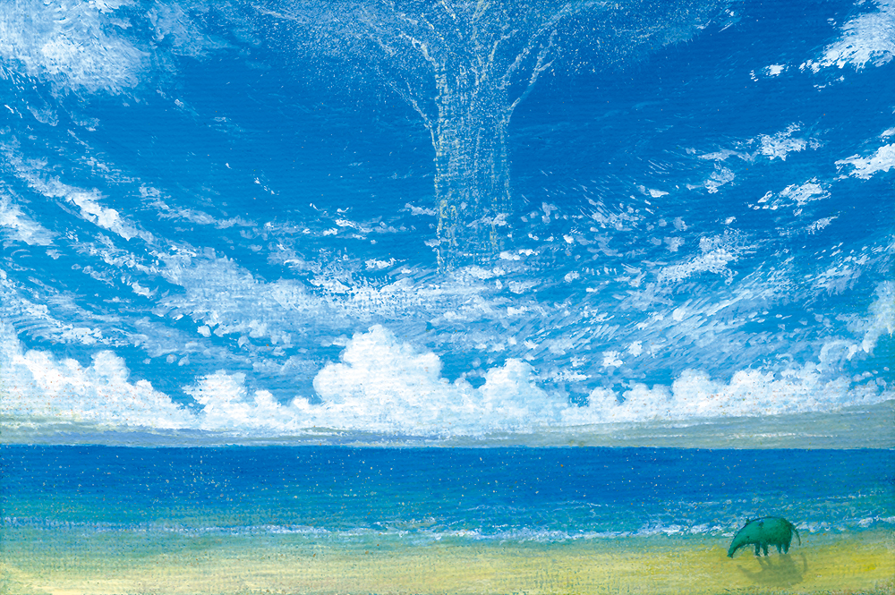 beach blue_sky blue_theme calligraphy_brush calligraphy_brush_(medium) clouds commentary_request day ebine_toshio english_commentary horizon mixed-language_commentary no_humans ocean original outdoors paintbrush sand scenery shore sky tapir tree very_wide_shot water waves