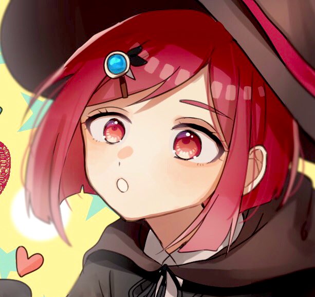 1girl bangs black_cape brown_headwear cape commentary_request dangan_ronpa face hair_ornament hairclip hat heart mdr_(mdrmdr1003) new_dangan_ronpa_v3 red_eyes redhead shirt short_hair solo white_shirt witch_hat yellow_background yumeno_himiko