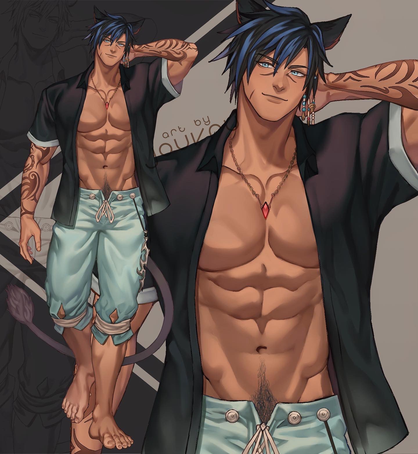 1boy abs animal_ears arm_behind_head arm_tattoo artist_name bare_pecs barefoot black_shirt blue_eyes blue_hair chain chain_necklace character_request closed_mouth collarbone commentary commission dark_skin dark_skinned_male drawstring earrings english_commentary eyebrows_visible_through_hair facial_mark feet final_fantasy final_fantasy_xiv full_body gem grey_background groin hair_between_eyes highres jewelry jouvru looking_at_viewer male_focus muscle navel necklace open_clothes open_shirt pectorals pubic_hair shirt short_sleeves smile solo standing stomach symbol_commentary tail tattoo thick_eyebrows toned zoom_layer