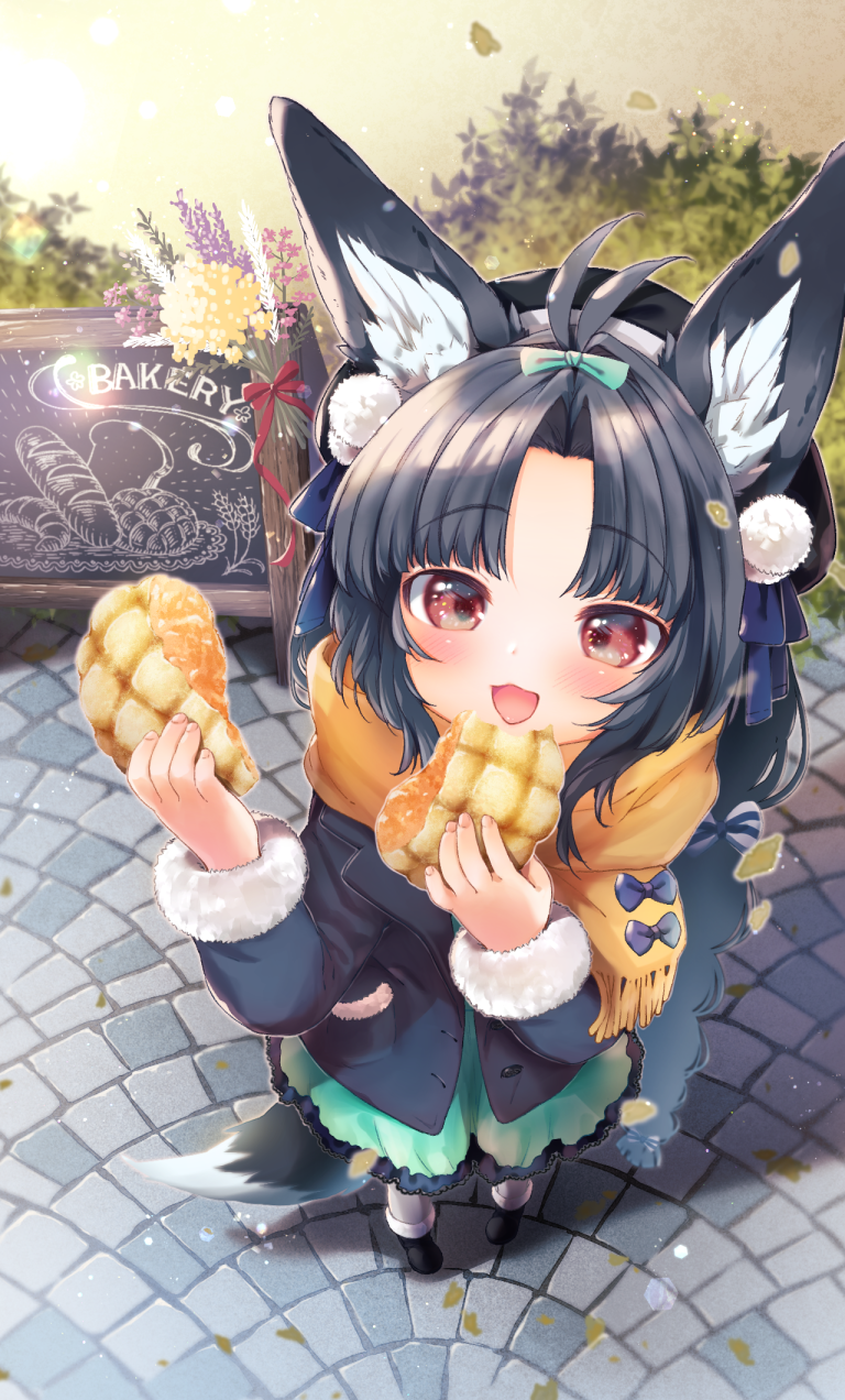 1girl :3 :d alternate_costume animal_ears antenna_hair azur_lane black_hair blurry bow bread brown_eyes casual chalkboard_sign coat commentary_request contemporary depth_of_field flower food fox_ears fox_tail from_above fur-trimmed_sleeves fur_trim giving hair_bow hair_ribbon hat highres holding holding_food kuma_(pompon_tail) long_hair looking_at_viewer looking_up melon_bread open_mouth petals ribbon scarf shoes smile solo tail white_legwear wind yuubari_(azur_lane)