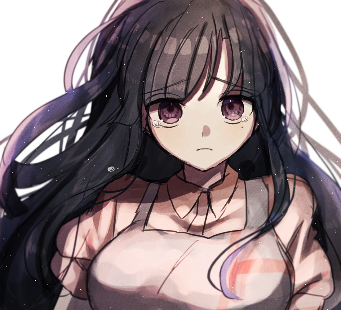 1girl apron bangs black_hair breasts closed_mouth collared_shirt commentary_request dangan_ronpa eyebrows_visible_through_hair frown large_breasts long_hair looking_at_viewer mdr_(mdrmdr1003) mole mole_under_eye nurse pink_hair portrait puffy_short_sleeves puffy_sleeves shiny shiny_hair shirt short_sleeves simple_background solo super_dangan_ronpa_2 tearing_up tsumiki_mikan white_background