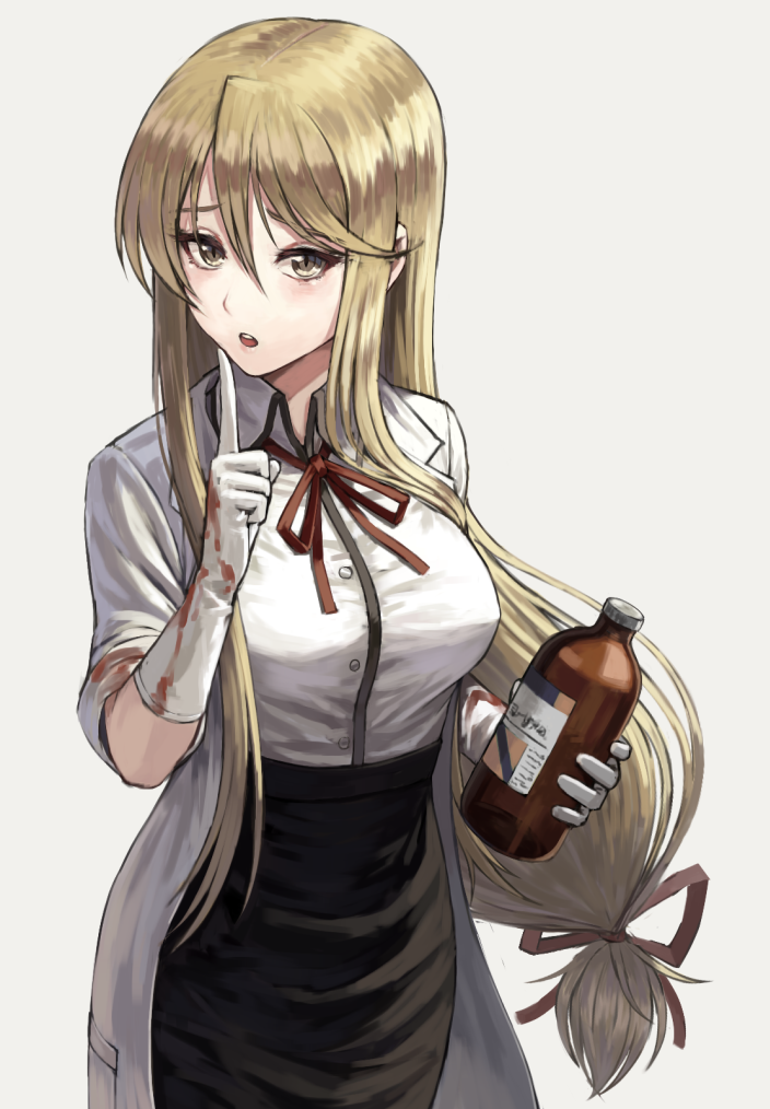 1girl atsuyah0310 bangs black_skirt blonde_hair bottle breasts brown_eyes collared_shirt commentary_request cowboy_shot finger_to_mouth gloves grey_background hair_between_eyes highschool_of_the_dead holding holding_bottle labcoat large_breasts long_hair looking_at_viewer low-tied_long_hair marikawa_shizuka neck_ribbon open_mouth pencil_skirt red_ribbon revision ribbon shirt simple_background skirt smile solo upper_teeth white_gloves