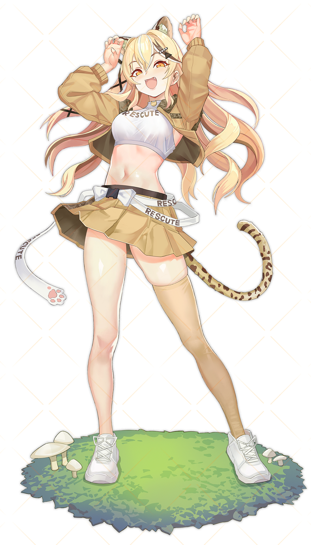 1girl :d animal_ear_fluff animal_ears arms_up ayuxu bangs blonde_hair breasts brown_hair brown_jacket brown_legwear brown_skirt character_request clothes_writing copyright_request crop_top cropped_jacket eyebrows_visible_through_hair fangs full_body hair_between_eyes highres jacket long_hair long_sleeves looking_at_viewer medium_breasts midriff miniskirt multicolored_hair mushroom navel open_mouth pleated_skirt shirt shoes simple_background single_thighhigh skirt smile sneakers solo standing stomach streaked_hair tail thigh-highs thighs tiger_ears tiger_tail very_long_hair white_background white_footwear white_shirt