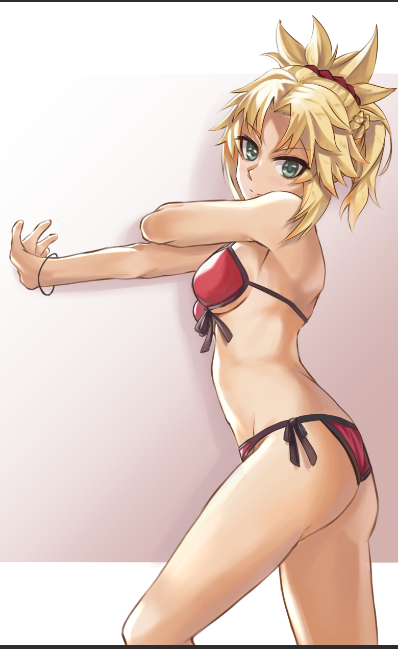 1girl bikini blonde_hair braid breasts fate/grand_order fate_(series) french_braid from_side green_eyes groin hair_ornament hair_scrunchie highres keisuke_desu~ looking_at_viewer medium_breasts mordred_(fate) mordred_(fate)_(all) mordred_(swimsuit_rider)_(fate) outstretched_arm ponytail red_bikini red_scrunchie scrunchie side-tie_bikini sideboob solo swimsuit thighs