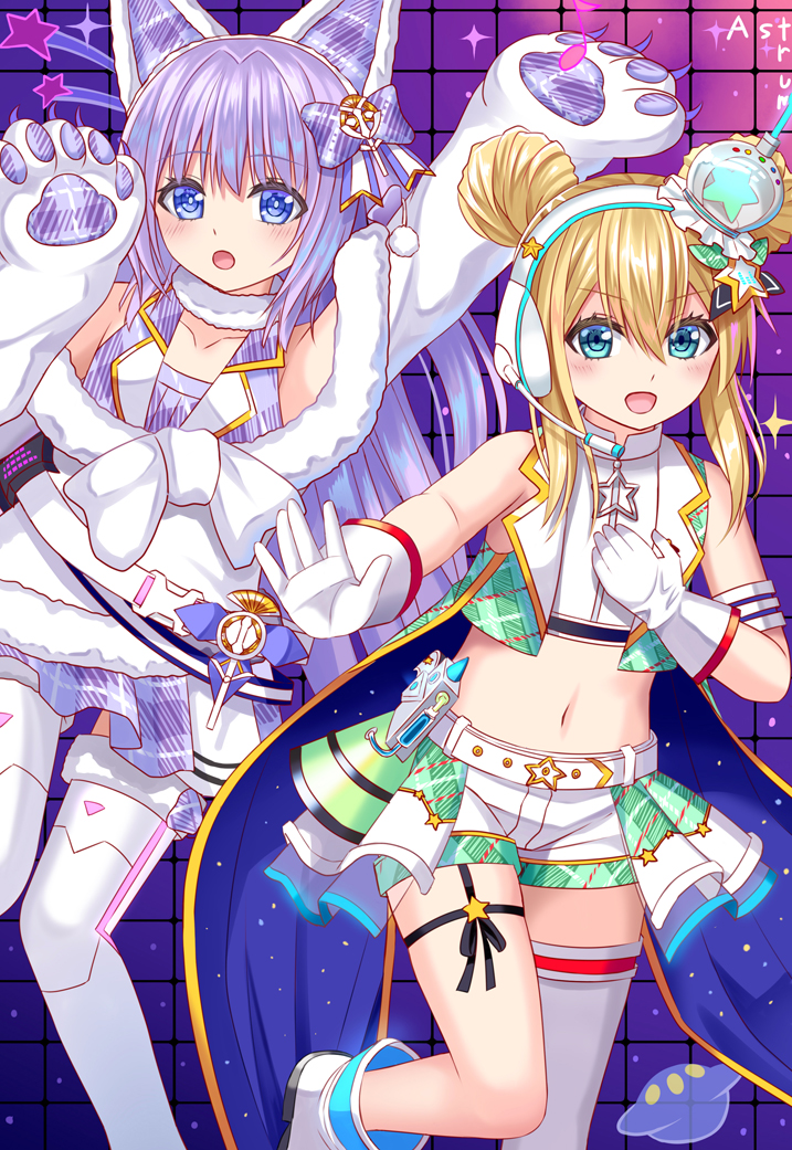 2girls :d albacore_(azur_lane) albacore_(muse)_(azur_lane) arms_up azur_lane bangs blonde_hair blue_eyes blush boots commentary crop_top double_bun eyebrows_visible_through_hair fur-trimmed_legwear fur_trim green_eyes green_vest hair_between_eyes headphones headset looking_at_viewer midriff multiple_girls navel open_clothes open_mouth open_vest plaid plaid_shirt plaid_skirt plaid_vest pleated_skirt purple_hair purple_shirt purple_skirt revision shirt short_shorts shorts sidelocks single_thighhigh skirt sleeveless sleeveless_shirt smile standing standing_on_one_leg star_(symbol) symbol_commentary tashkent_(azur_lane) tashkent_(muse)_(azur_lane) thigh-highs tukino_neru vest white_footwear white_legwear white_shirt white_shorts