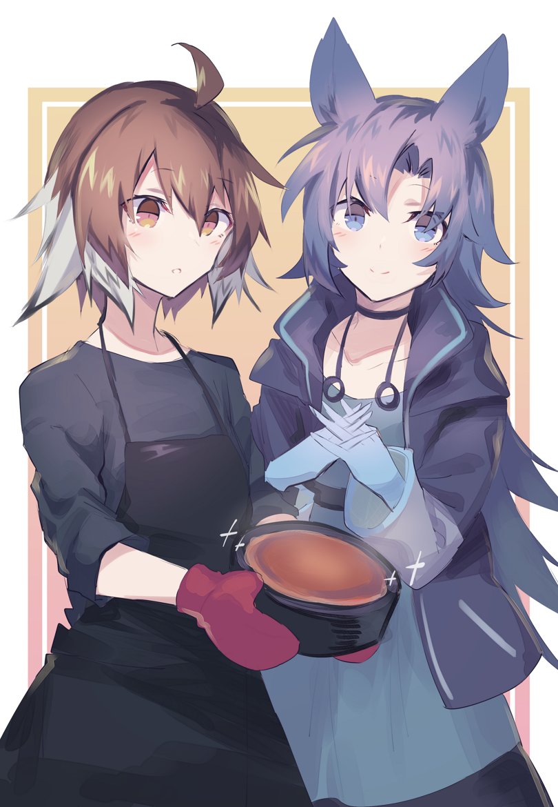 2girls ahoge alternate_costume animal_ears apron arknights bangs blue_eyes blue_hair blush brown_eyes brown_hair cake closed_mouth commentary_request eyebrows_visible_through_hair fang_(arknights) food gloves grey_hair hair_between_eyes hands_together holding holding_food horse_ears jacket long_hair long_sleeves multicolored_hair multiple_girls no_hat no_headwear open_mouth plume_(arknights) red_gloves sasa_onigiri short_hair smile two-tone_hair