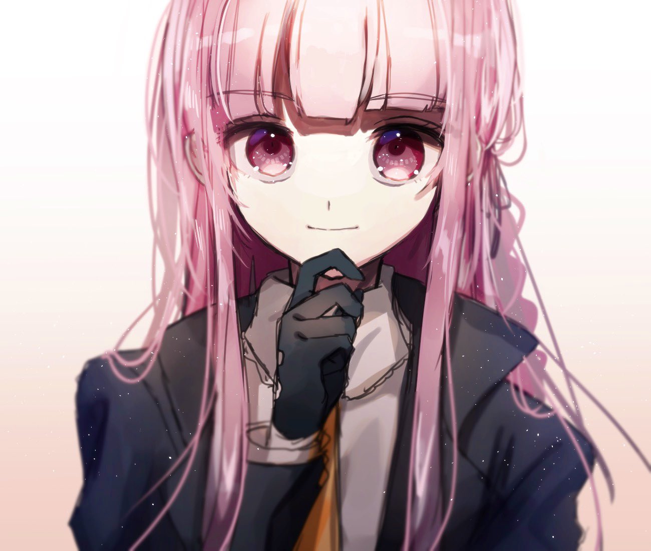 1girl bangs black_gloves black_jacket blunt_bangs braid closed_mouth collared_shirt commentary_request dangan_ronpa dangan_ronpa_1 eyebrows_visible_through_hair gloves hair_ribbon hand_on_own_chin hand_up jacket kirigiri_kyouko long_hair long_sleeves looking_at_viewer mdr_(mdrmdr1003) necktie open_clothes open_jacket pink_hair portrait purple_hair ribbon shirt side_braid simple_background single_braid smile solo violet_eyes white_background white_shirt