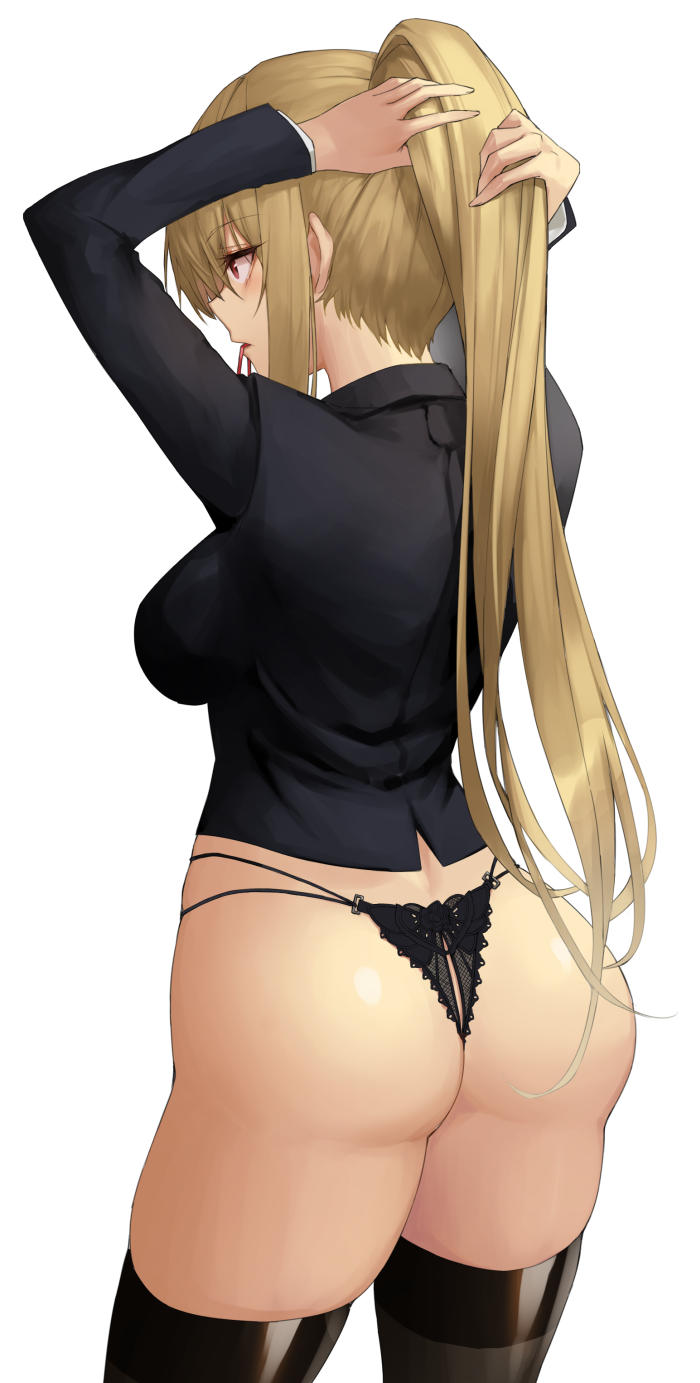 1girl arms_up ass bangs black_jacket black_legwear black_panties blonde_hair breasts character_request commission dungeon_and_fighter epomeno eyebrows_visible_through_hair hair_tie highres jacket large_breasts long_hair long_sleeves mouth_hold panties ponytail red_eyes sidelocks solo thigh-highs thighs tying_hair underwear