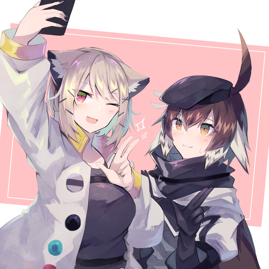 2girls ahoge animal_ear_fluff animal_ears arknights bangs beret black_gloves black_headwear black_shirt brown_eyes brown_hair cellphone gloves hat holding holding_phone jacket long_sleeves magenta_eyes multicolored_hair multiple_girls one_eye_closed open_clothes open_jacket open_mouth phone plume_(arknights) sasa_onigiri self_shot shirt smartphone smile sweatdrop taking_picture two-tone_hair upper_body utage_(arknights) v white_hair white_jacket