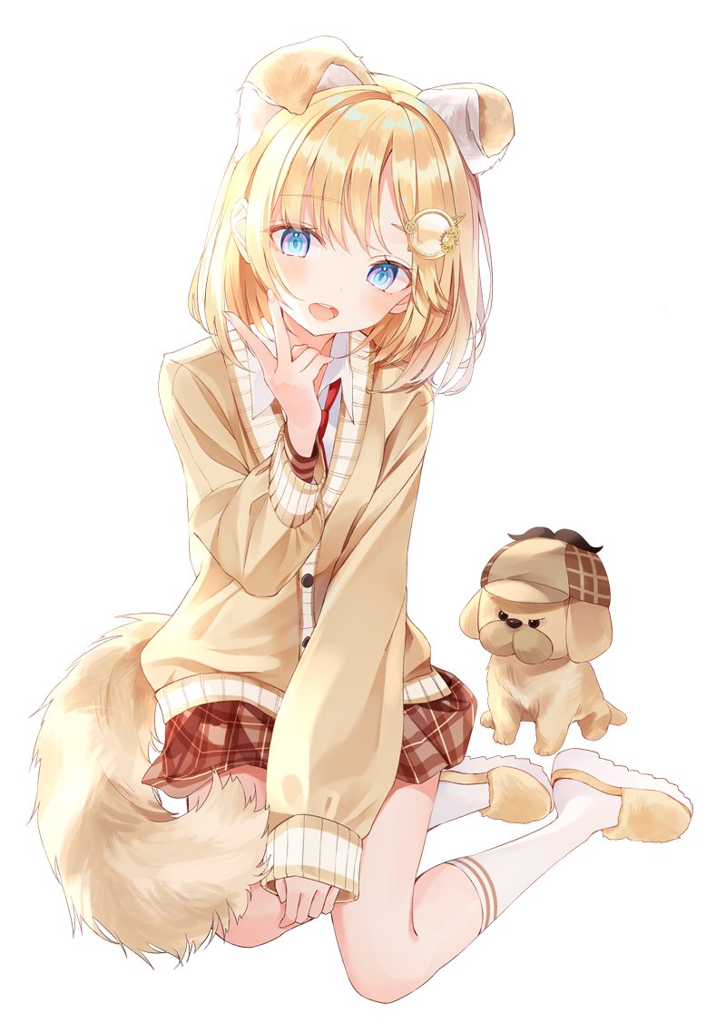 1girl :d animal animal_ears bangs blonde_hair blue_eyes blush collared_shirt commentary deerstalker dog dog_ears dog_girl dog_request dog_tail eyebrows_visible_through_hair hair_ornament hand_up hat hololive hololive_english kneehighs long_sleeves looking_at_viewer medium_hair miniskirt monocle_hair_ornament nabi_(uz02) necktie open_mouth plaid plaid_skirt red_neckwear red_skirt shirt shoes sitting skirt smile solo tail v virtual_youtuber watson_amelia white_legwear white_shirt