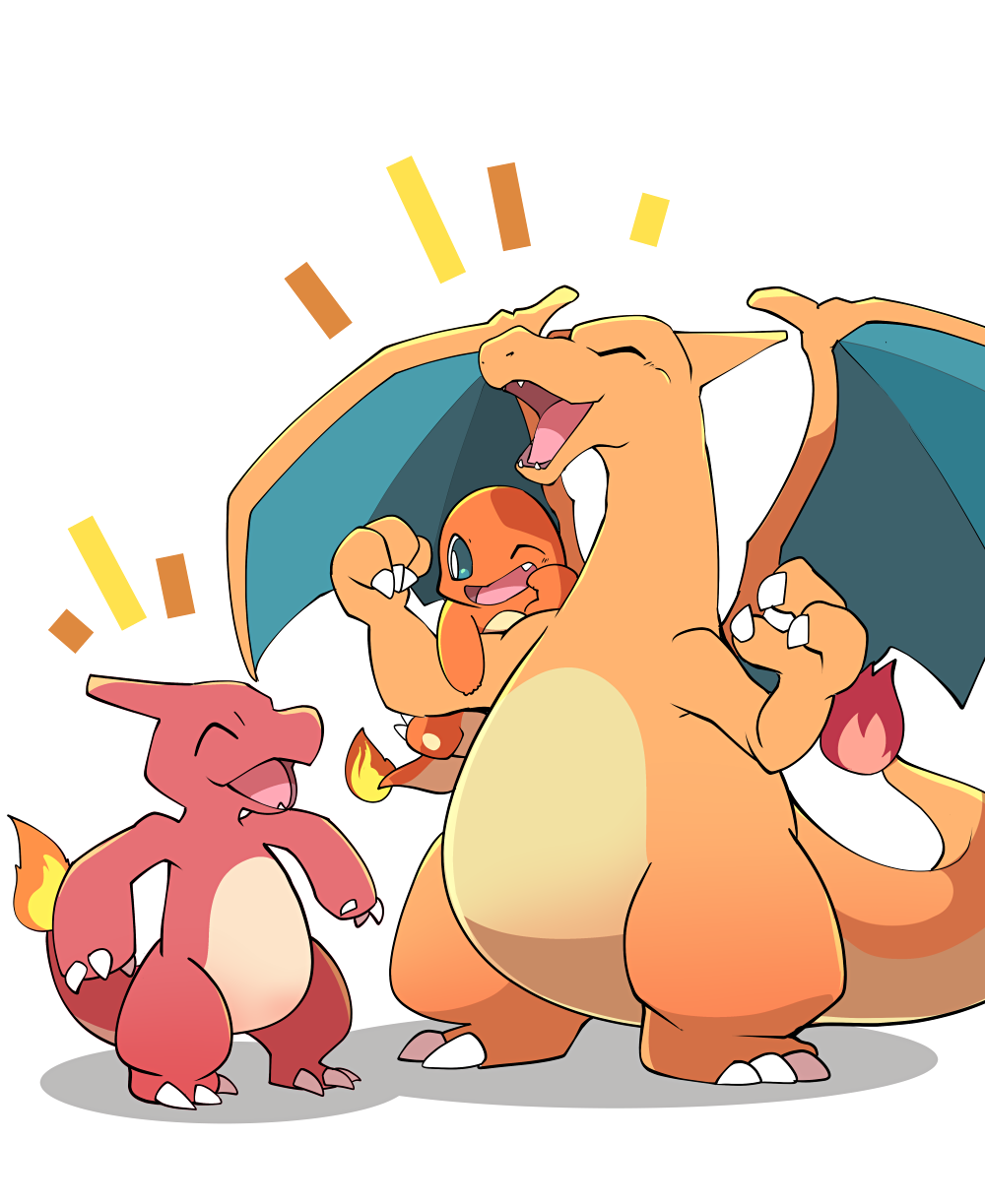 :d ^_^ azuma_minatsu blue_eyes charizard charmander charmeleon claws closed_eyes facing_another fangs fire full_body gen_1_pokemon grey_background happy highres looking_at_another no_humans one_eye_closed open_mouth pokemon pokemon_(creature) simple_background smile standing wings