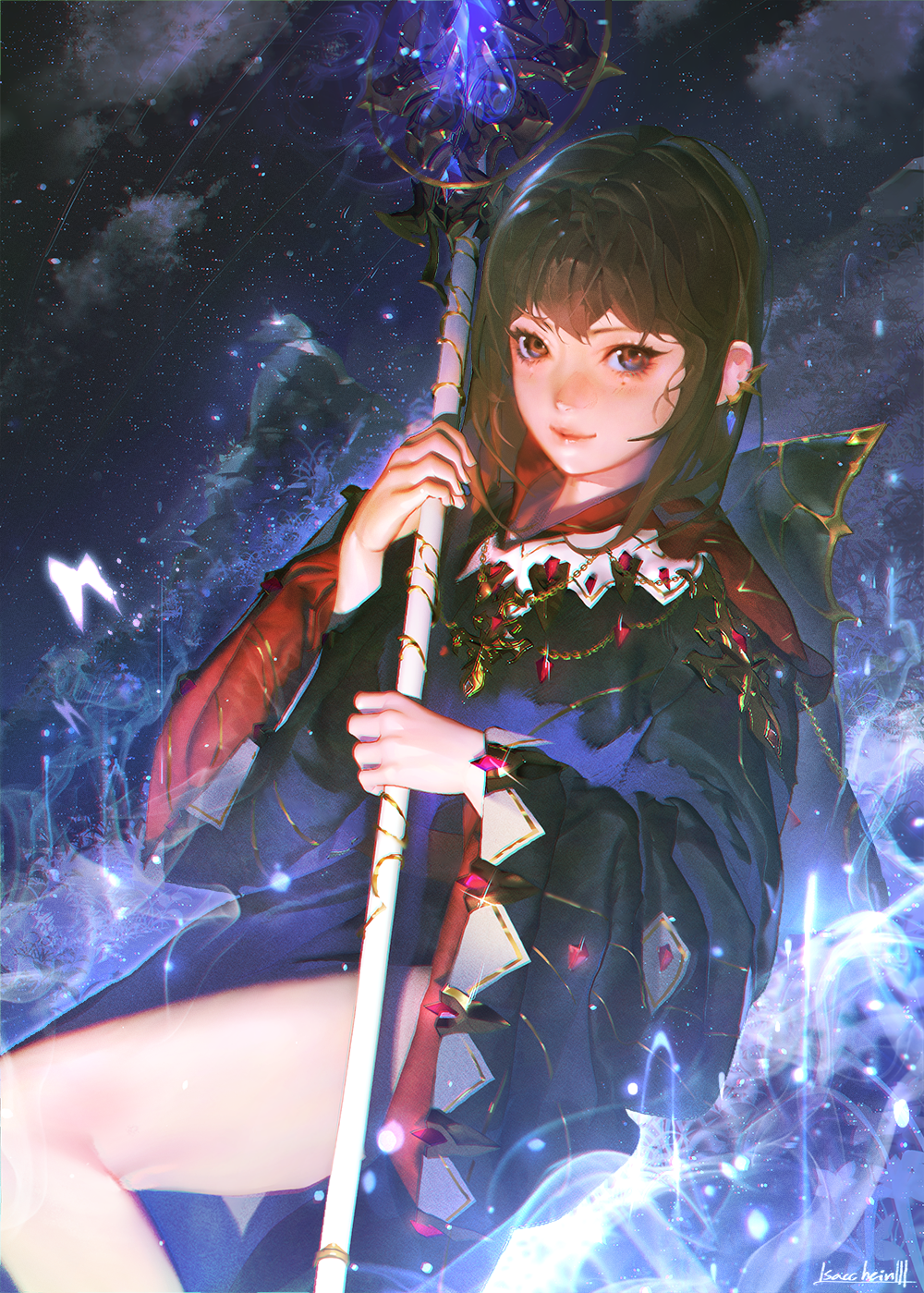 1girl bangs black_hair blush brown_eyes bug butterfly clouds ear_ornament highres holding holding_staff insect isaac_hein_iii long_hair looking_at_viewer mole mole_under_eye necktie night night_sky official_art original outdoors robe shooting_star sky solo staff star_(sky) starry_sky