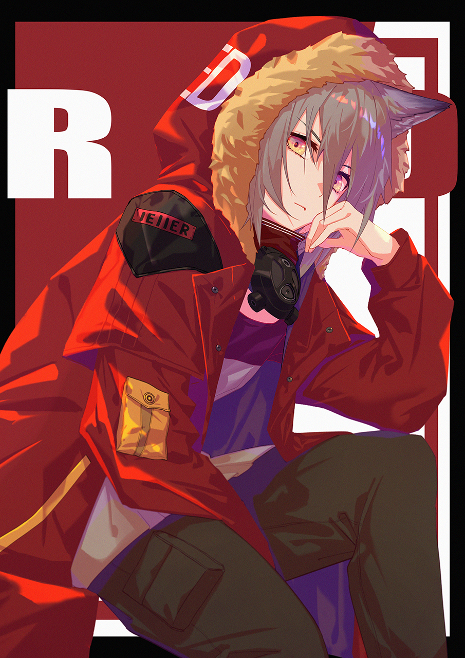 1girl animal_ears arknights black_border border brown_pants character_name closed_mouth coat fingernails from_side fur-trimmed_hood fur_trim grey_hair hair_between_eyes hand_up highres hood hood_up hooded_coat long_sleeves looking_at_viewer looking_to_the_side pants projekt_red_(arknights) red_background red_coat sitting solo two-tone_background whitem_(whiteemperor2020) yellow_eyes