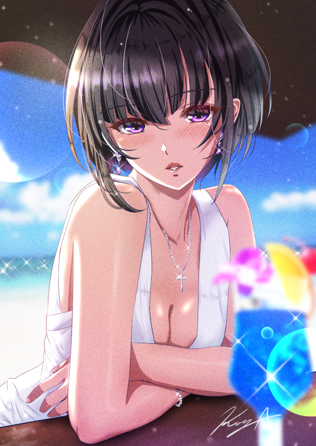 1girl bangs bare_shoulders beach black_hair blue_sky blurry blurry_background blurry_foreground blush bob_cut bracelet cocktail commentary_request cross cross_necklace crossed_arms depth_of_field dress earrings eyebrows_visible_through_hair idolmaster idolmaster_cinderella_girls jewelry koya_(koya_x_00) leaning_forward leaning_on_object looking_at_viewer necklace ocean parted_lips shirayuki_chiyo short_hair signature sky sleeveless sleeveless_dress solo sparkle violet_eyes white_dress