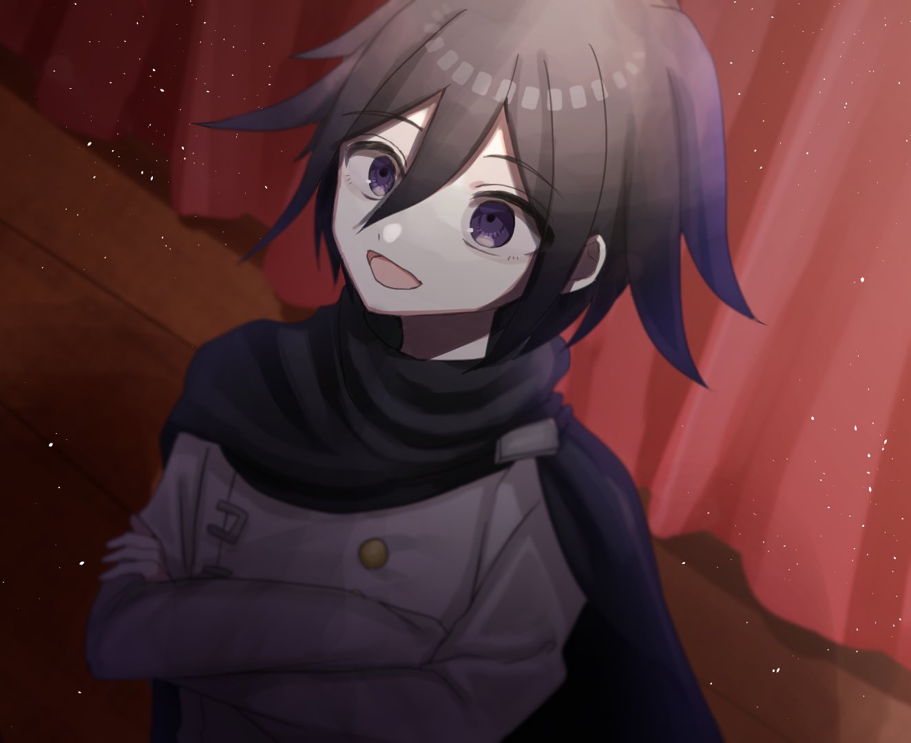 1boy :d bangs black_cape black_hair cape commentary_request crossed_arms dangan_ronpa dutch_angle hair_between_eyes jacket long_sleeves male_focus mdr_(mdrmdr1003) multicolored_hair new_dangan_ronpa_v3 open_mouth ouma_kokichi purple_hair short_hair smile solo straitjacket two-tone_hair upper_body violet_eyes white_jacket