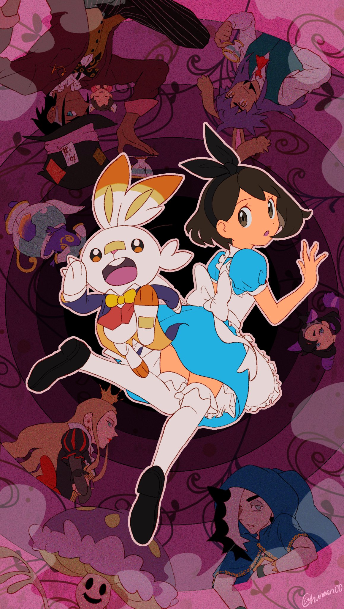 3girls 4boys alice_in_wonderland apron bangs black_footwear black_hairband blue_dress bob_cut bow bow_hairband brown_eyes brown_hair commentary_request dress eyelashes frills gen_7_pokemon gen_8_pokemon gloria_(pokemon) hairband highres kabu_(pokemon) knees_together leon_(pokemon) looking_at_viewer looking_back marnie_(pokemon) mixar0807 multiple_boys multiple_girls oleana_(pokemon) open_mouth outline piers_(pokemon) pokemon pokemon_(creature) pokemon_(game) pokemon_swsh polteageist raihan_(pokemon) scorbunny shiinotic shoes short_hair signature sinistea thigh-highs white_apron white_bow white_legwear