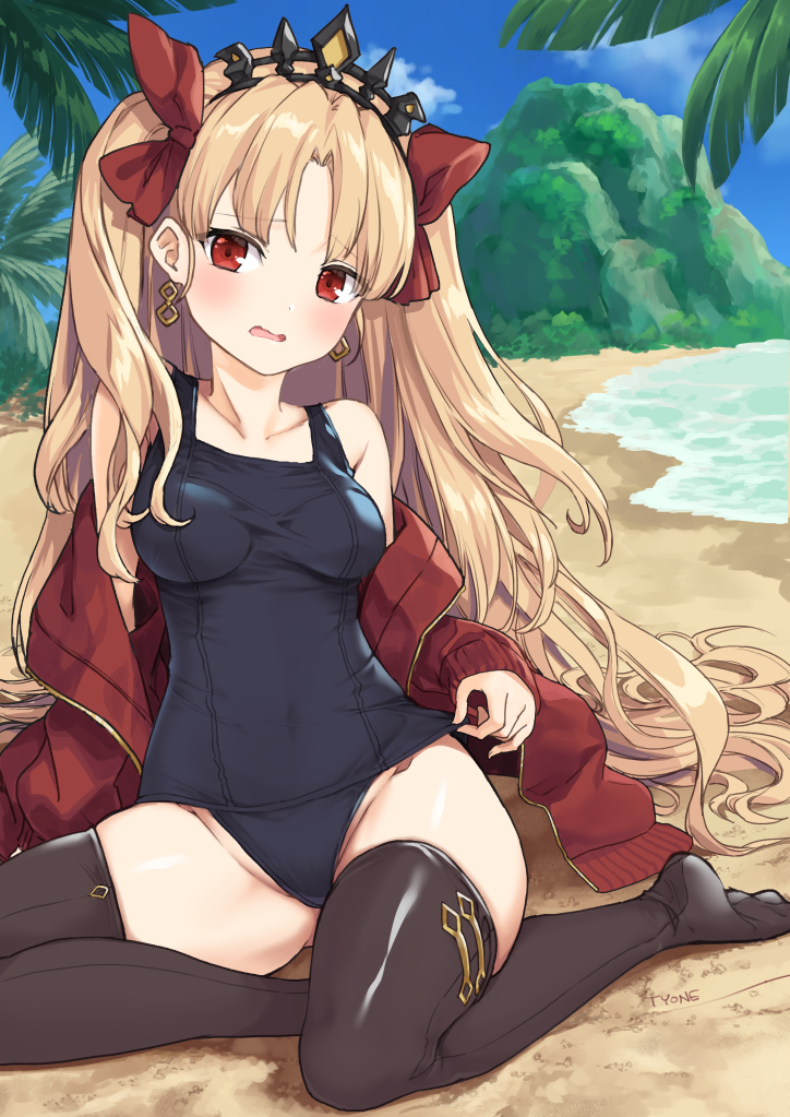 1girl artist_name bangs bare_shoulders beach black_legwear blonde_hair blue_swimsuit blush bow breasts collarbone commentary_request covered_navel day earrings ereshkigal_(fate/grand_order) fate_(series) groin hair_bow jacket jewelry long_hair looking_at_viewer medium_breasts mountain no_shoes ocean off_shoulder old_school_swimsuit one-piece_swimsuit open_mouth outdoors palm_tree parted_bangs red_bow red_eyes red_jacket school_swimsuit sitting sky solo swimsuit thigh-highs tiara tree two_side_up tyone