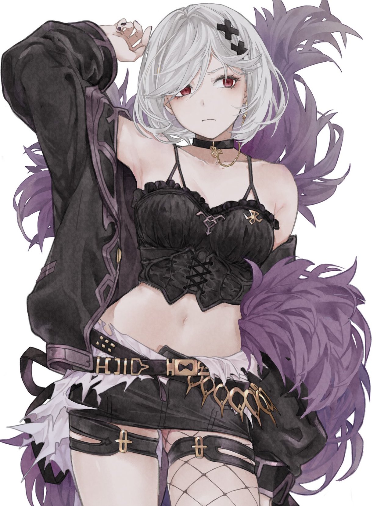 1girl alter_ego_malevolent_(granblue_fantasy) arm_at_side arm_up artist_request bare_shoulders belt black_jacket camisole choker collarbone cowboy_shot djeeta_(granblue_fantasy) feather_boa fishnets granblue_fantasy hair_ornament highres jacket looking_to_the_side midriff nail_polish navel off_shoulder red_eyes short_hair shorts silver_hair solo spaghetti_strap standing thigh_strap white_background x_hair_ornament