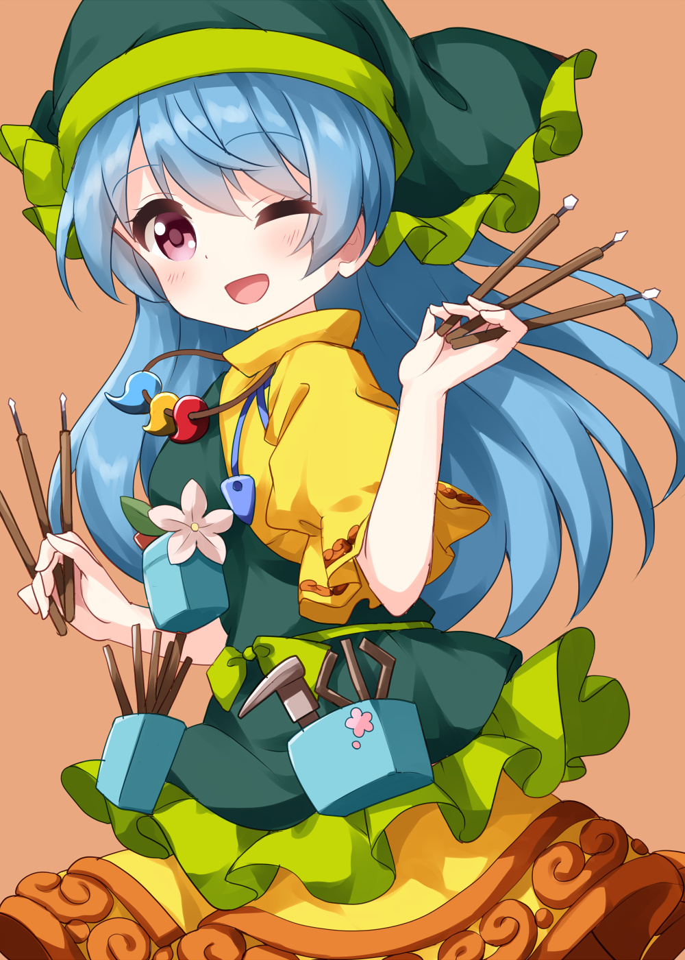 1girl apron bangs blue_hair brown_background dress eyebrows_visible_through_hair flower from_side green_apron green_headwear hair_between_eyes haniyasushin_keiki head_scarf highres holding long_hair looking_at_viewer magatama magatama_necklace one_eye_closed open_mouth pink_flower pocket ruu_(tksymkw) short_sleeves simple_background single_strap smile solo standing tools touhou violet_eyes wood_carving_tool yellow_dress