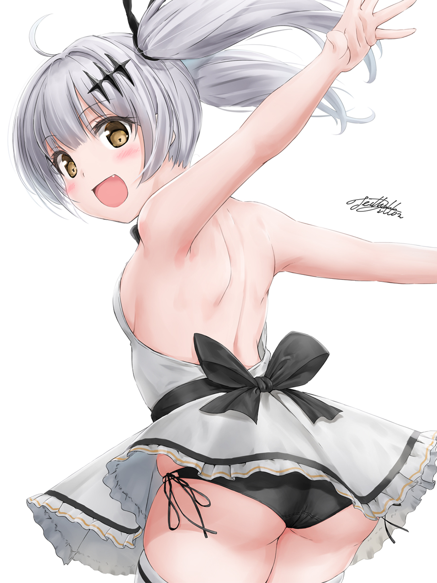 1girl ass backless_dress backless_outfit blush breasts dress five-seven_(girls_frontline) girls_frontline highres open_mouth panties pantyshot side-tie_panties skindentation small_breasts smile solo thigh-highs thighs twintails underwear white_hair yellow_eyes yukinoshiro