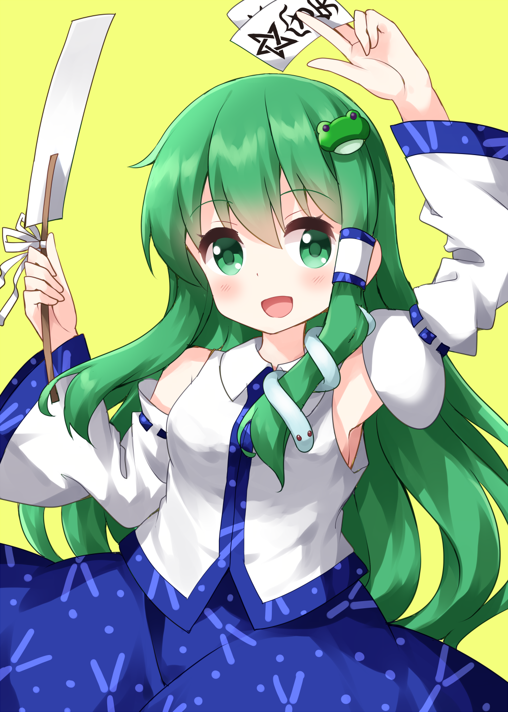 1girl arm_up bangs blue_ribbon blue_skirt collared_shirt detached_sleeves eyebrows_visible_through_hair frog_hair_ornament gohei green_eyes green_hair hair_ornament hair_tubes highres holding japanese_clothes kochiya_sanae long_hair looking_at_viewer miko ofuda open_mouth patterned_clothing ribbon ribbon-trimmed_sleeves ribbon_trim ruu_(tksymkw) shirt simple_background skirt smile snake_hair_ornament solo standing touhou white_shirt wide_sleeves yellow_background