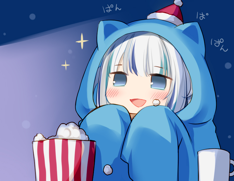 1girl :&gt; animal_hood blue_background blue_eyes blue_hoodie blush commentary cup eating eyebrows_visible_through_hair food gawr_gura happy hat hololive hololive_english hood hoodie karory light long_sleeves mini_hat mug multicolored_hair open_mouth oversized_clothes popcorn santa_hat simple_background solo sparkle streaked_hair upper_body white_hair