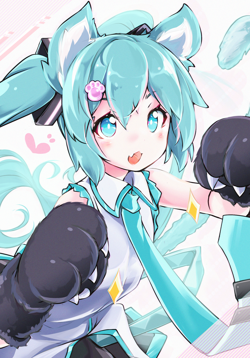1girl akino_coto animal_ears aqua_eyes aqua_hair bangs blush cat_ears cat_tail commentary fang gloves hatsune_miku highres looking_at_viewer necktie open_mouth paw_gloves paw_hair_ornament paws revision skin_fang solo tail twintails vocaloid