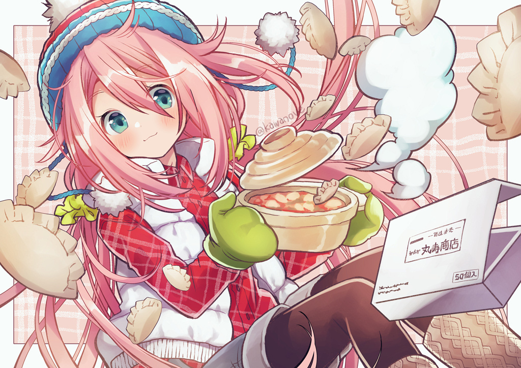 1girl artist_name black_legwear blue_eyes boots box coat cooking dumpling food green_mittens hair_between_eyes jiaozi kagamihara_nadeshiko kawanobe knee_boots long_hair mittens pink_hair plaid red_shirt shirt shorts smile solo white_coat yurucamp