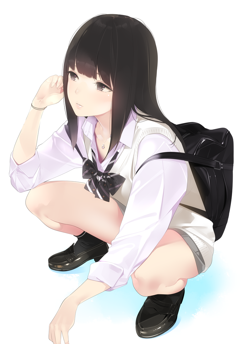 1girl ama_mitsuki backpack bag black_bow black_eyes black_footwear black_hair black_legwear black_neckwear bow bowtie buttons collared_shirt commentary_request dated dress_shirt grey_skirt hand_up jewelry loafers long_hair long_sleeves looking_away miniskirt necklace original parted_lips revision school_uniform shadow shirt shoes simple_background skirt sleeves_folded_up socks solo squatting striped striped_bow striped_neckwear sweater_vest thighs twitter_username vest white_background white_shirt white_vest