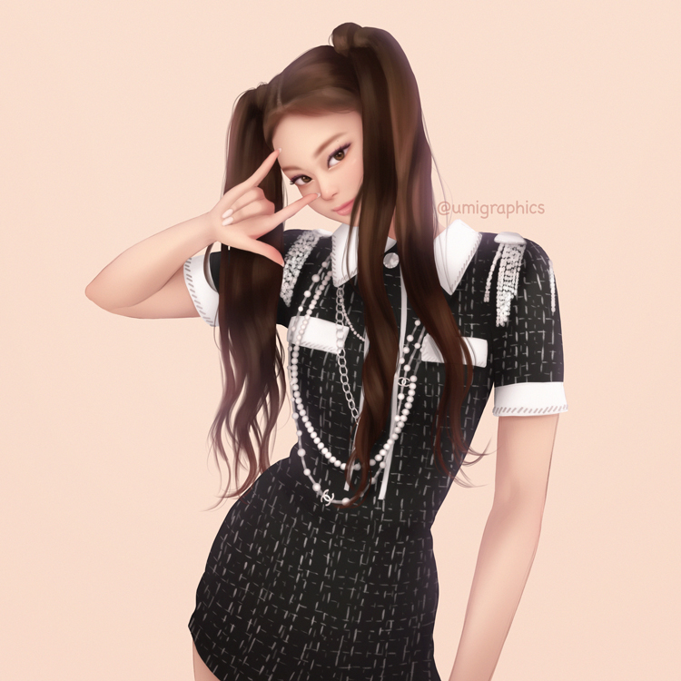 1girl blackpink brown_eyes brown_hair cowboy_shot dress jennie_(blackpink) jewelry long_hair looking_at_viewer necklace pearl_necklace short_sleeves simple_background smile solo twintails umigraphics