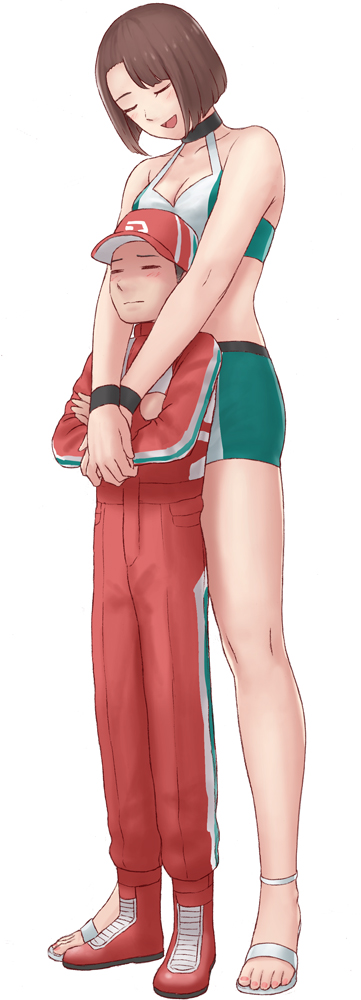 1boy 1girl bare_shoulders baseball_cap black_choker black_wristband bob_cut brown_hair choker closed_eyes crop_top crossed_arms grey_hair gym_shorts hat height_conscious height_difference hug hug_from_behind looking_down mizuno_(pixiv31352320) open_mouth original racing_suit red_footwear short_hair shorts tall_female white_background white_footwear