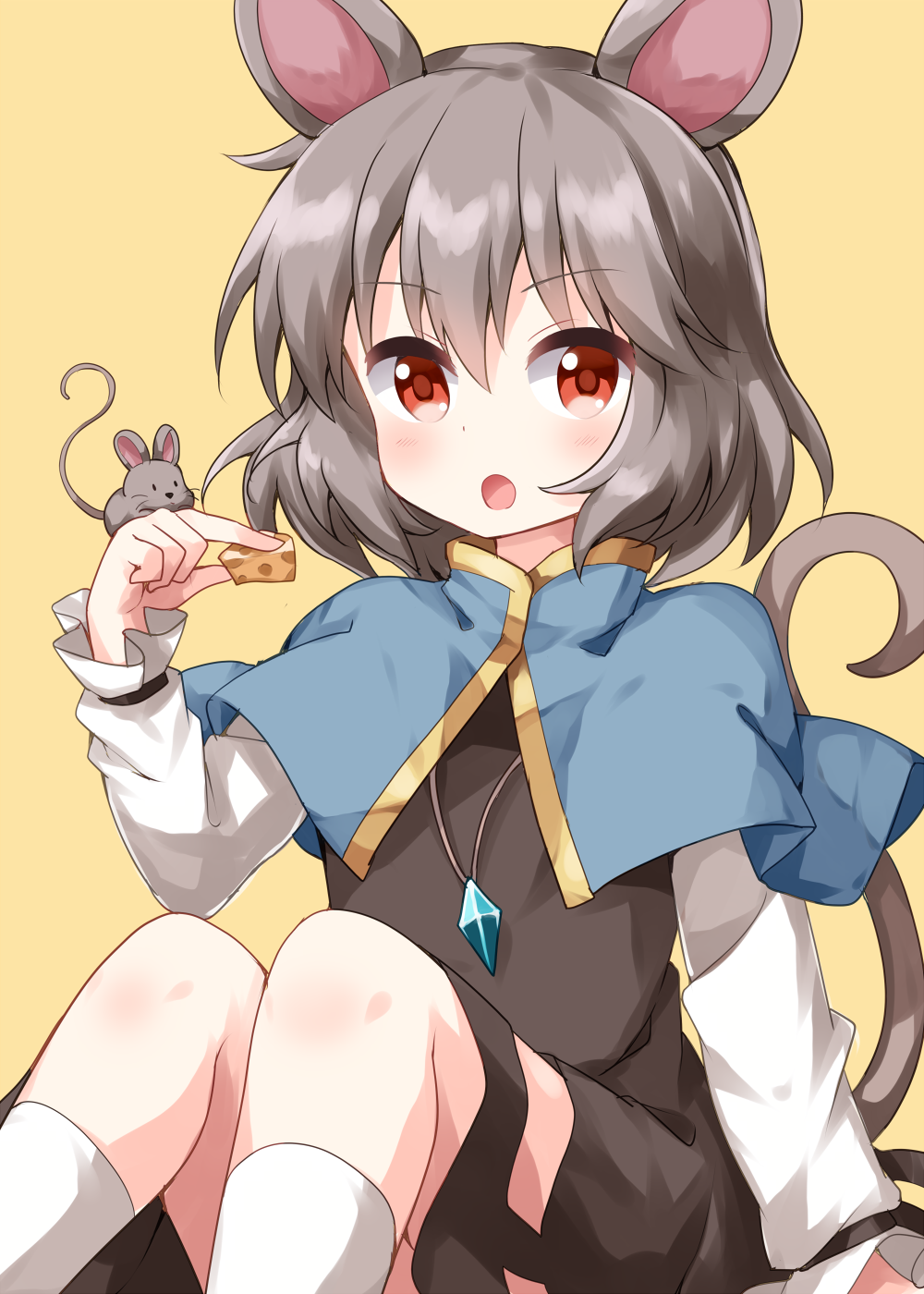 1girl animal_ears bangs blue_capelet capelet cheese dress eyebrows_visible_through_hair food grey_dress grey_hair hair_between_eyes highres holding holding_food jewelry long_sleeves looking_at_viewer medium_hair mouse mouse_ears mouse_on_hand mouse_tail nazrin open_mouth pendant red_eyes ruu_(tksymkw) simple_background sitting tail touhou v-shaped_eyebrows white_legwear white_sleeves yellow_background